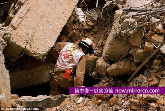 半机器人蟑螂有朝一日可能进入在地震中坍塌的建筑物，帮助急救人员发现幸存者。照片显示，一名营救人员正在搜寻受困灾民。